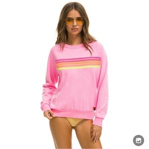 Aviator Nation 5 Stripe Crew Sweatshirt - Neon Pink